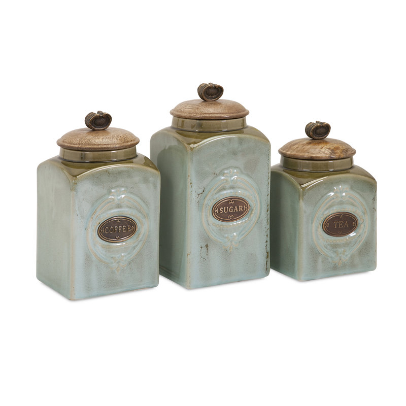Bloomsbury Market Wooden Lid Ceramic 3 Piece Kitchen Canister Set Wayfair